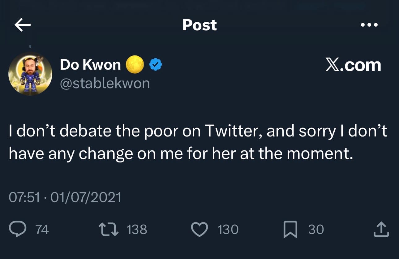 Do Kwon tweet: I don’t debate the poor on Twitter